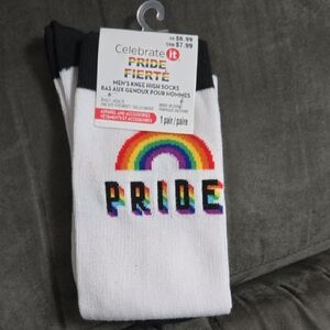 Celebrate It Pride Men's Knee High Socks - White with Rainbow Design